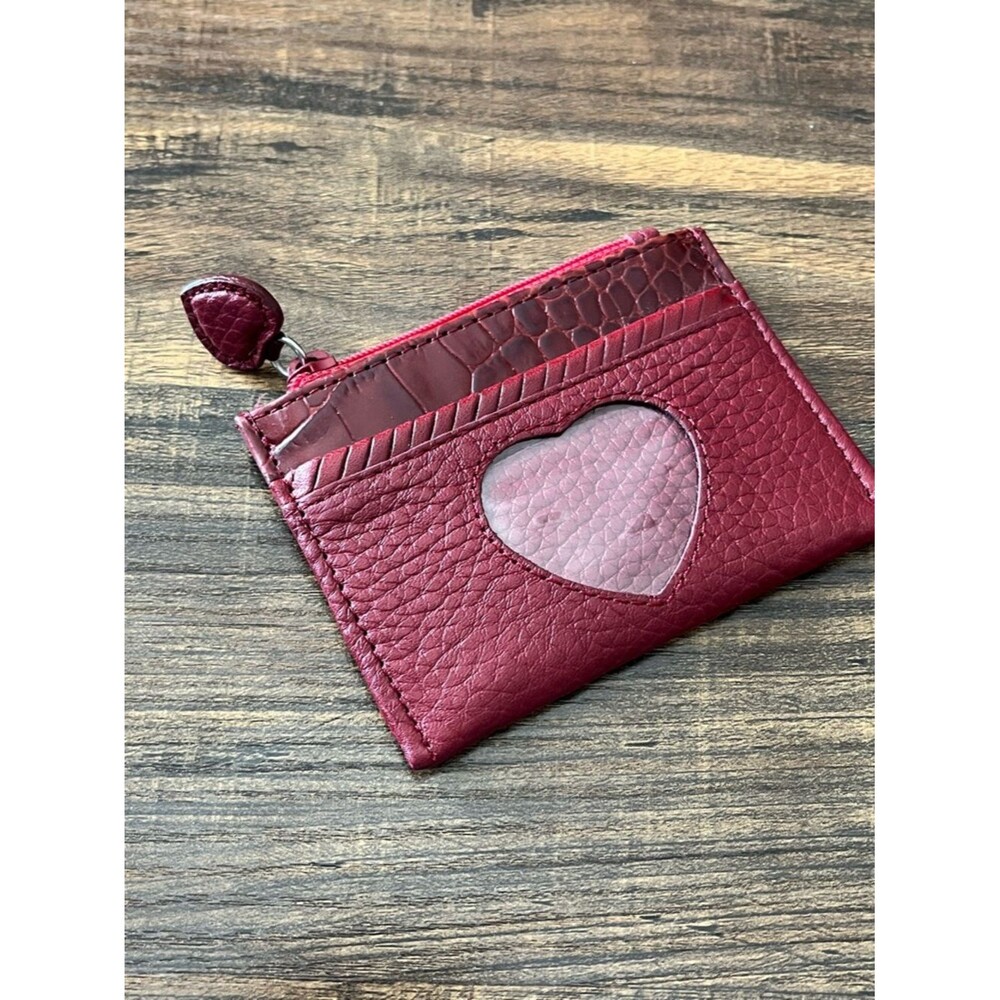 Brighton Red Croco-Embossed Leather Zip Top Coin Purse Pouch with Clear Heart ID